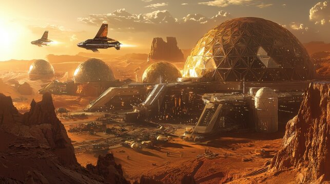 Futuristic Mars colony with geodesic domes and spaceships flying over a rocky, orange landscape at sunset