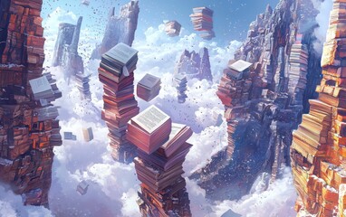 Surreal landscape of towering book stacks and rocky spires float among clouds, symbolizing the boundless world of knowledge and imagination.