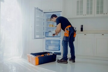Professional technician repairing refrigerator in modern kitchen setting