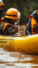 Cat in a Kayak: A tabby cat sits serenely in the bow of a yellow inflatable kayak, as two people in life vests paddle it down a muddy river.