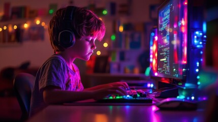 Intense Focus of a Young Boy Engaged in Programming at a Colorfully Lit Computer Station in a Cozy Room Filled with Decorations and Ambiant Lights