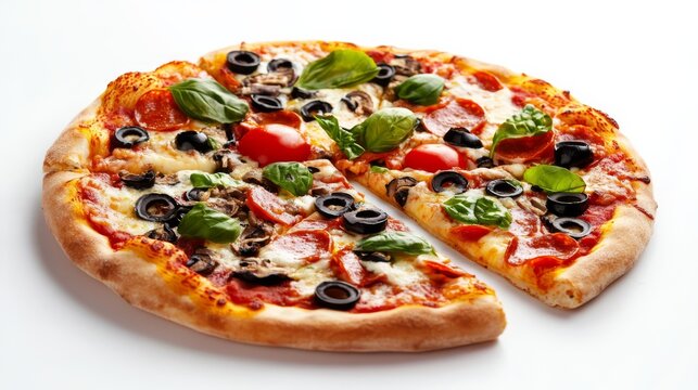 Pizza Perfection: A freshly baked, mouthwatering pizza with a crispy crust and a tempting assortment of toppings, ready to be devoured. It's the perfect image for any food-related project or design. 