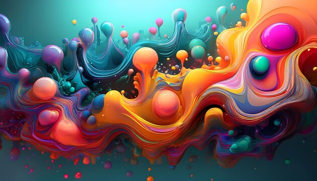 Various forms of colored shapes and droplets are present in a fluid composition that also i_1(499)