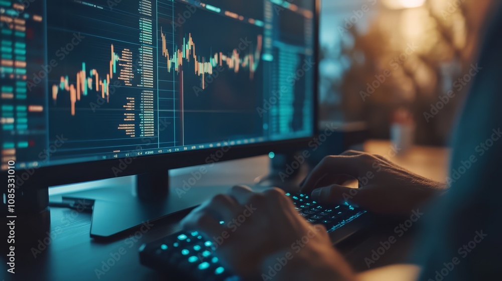 Aufkleber financial analyst at work: close-up of hands typing on a keyboard in front of a computer monitor dis