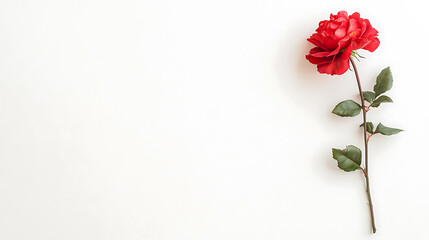 single red rose isolated on white background, symbolizing love and beauty. This elegant flower showcases vibrant petals and lush green leaves, perfect for various occasions