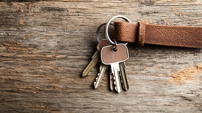 set of house keys on leather strap, resting on rustic wooden surface, evokes sense of security and home