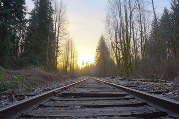 Fototapeta premium Serene sunset view along a railway track disappearing into a misty forest. Peaceful and tranquil landscape photography.