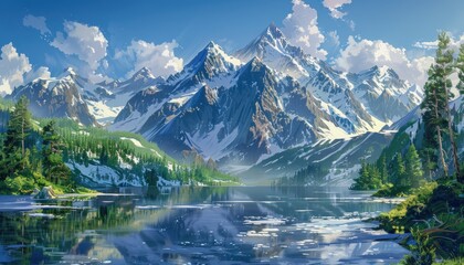 Fototapeta premium A Majestic Mountain Range Reflecting in a Still Lake