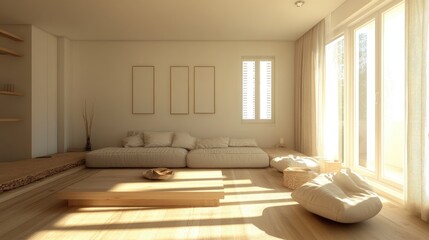 Simple minimalist family room, cozy sofa, light color scheme, wooden accents, warm and relaxed ambiance
