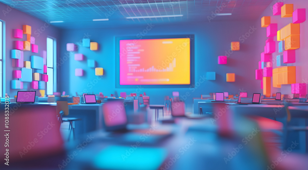 Poster a vibrant classroom featuring colorful sticky notes on walls, modern laptops, and a large display sc