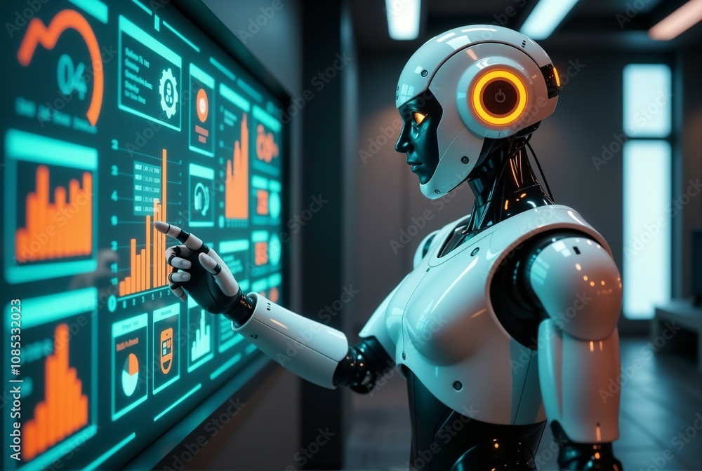 Aufkleber a robot is currently pointing at a screen that is located in a room