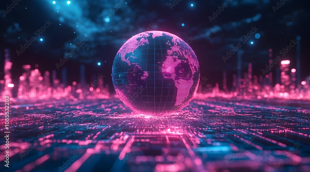 Poster a vibrant, digital globe surrounded by glowing data streams and city-like structures, representing t