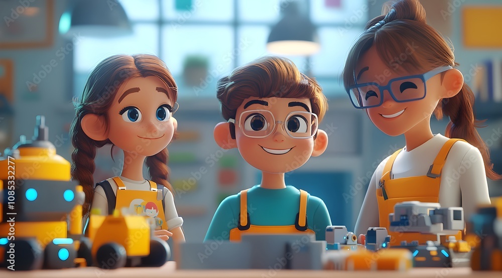 Poster three animated children with big eyes smile while working on colorful projects in a bright, cheerful