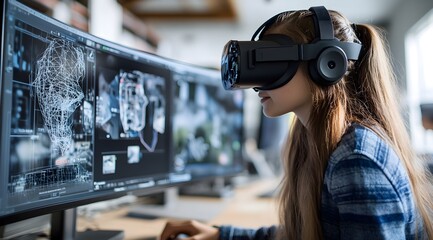 A young woman wearing a VR headset, immersed in a digital environment, interacts with futuristic graphics on multiple screens in a modern workspace.