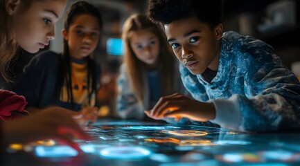 A group of children engages with a touch-sensitive display, exploring interactive elements and displaying curiosity and excitement.