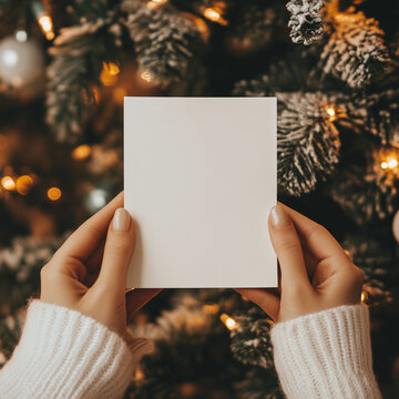 imagine a mockup for a 13x18 cm white blank christmas card. a Woman is Holding the card infront of the christmas tree. you can only See the card and her hands in a Close up. 