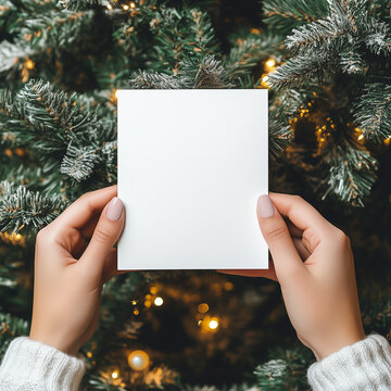 imagine a mockup for a 13x18 cm white blank christmas card. a Woman is Holding the card infront of the christmas tree. you can only See the card and her hands in a Close up. 