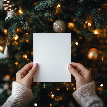 imagine a mockup for a 13x18 cm white blank christmas card. a Woman is Holding the card infront of the christmas tree. you can only See the card and her hands in a Close up. 