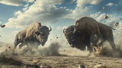 Two Bison Charging Head-on in a Cloud of Dust