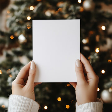 imagine a mockup for a 13x18 cm white blank christmas card. a Woman is Holding the card infront of the christmas tree. you can only See the card and her hands in a Close up. 