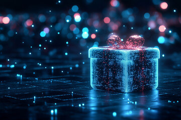 A glowing, futuristic gift box symbolizing a digital surprise, combining Christmas cheer with holiday technology for a modern festive touch.