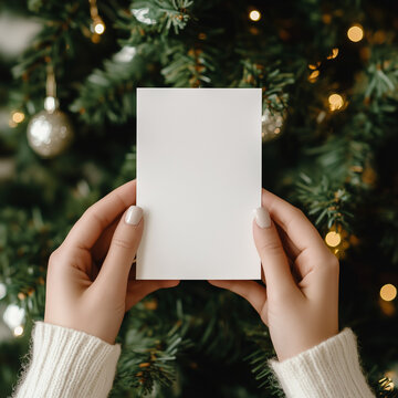 imagine a mockup for a 13x18 cm white blank christmas card. a Woman is Holding the card infront of the christmas tree. you can only See the card and her hands in a Close up. 