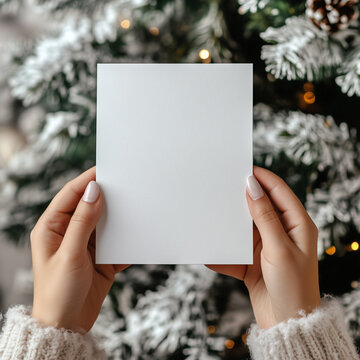 imagine a mockup for a 13x18 cm white blank christmas card. a Woman is Holding the card infront of the christmas tree. you can only See the card and her hands in a Close up. 