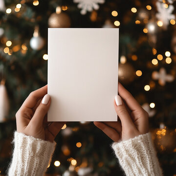 imagine a mockup for a 13x18 cm white blank christmas card. a Woman is Holding the card infront of the christmas tree. you can only See the card and her hands in a Close up. 