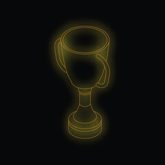 Golden glowing trophy cup glowing on dark background, concept of success, victory and leadership