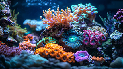 Obraz premium Vibrant coral reef teeming with colorful corals and marine life, showcasing stunning underwater ecosystem