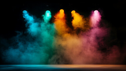 Obraz premium Vibrant concert stage with colorful lights and smoke effects creating energetic atmosphere. Perfect for music events and performances