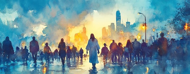 Jesus Christ standing at the center of a radiant meadow, holding hands with a diverse group of people of all ages and ethnicities, their faces glowing with warmth and unity