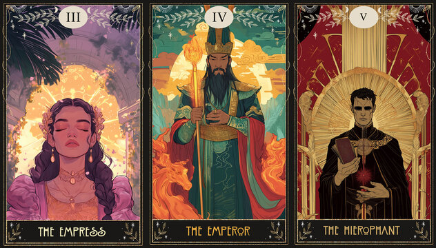 modern vintage style deck of tarot cards. magical predictions of the future, mysterious characters. AI generated	