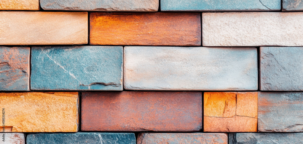 Poster natural stone bricks laid in alignment, showcasing beautiful texture and color variation. this wall 
