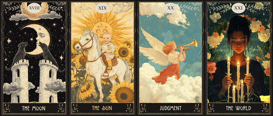 modern vintage style deck of tarot cards. magical predictions of the future, mysterious characters. AI generated	