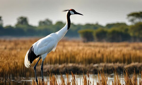 Red-crowned cranes walking on the mudflats