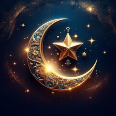 Glowing crescent moon and star with gold details on a starry night background, perfect for Islamic-themed banners and digital media