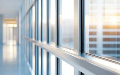 Fototapeta premium Modern polished aluminum windows with thermal break technology in bright office corridor, showcasing sleek design and natural light. Green Building Materials concept