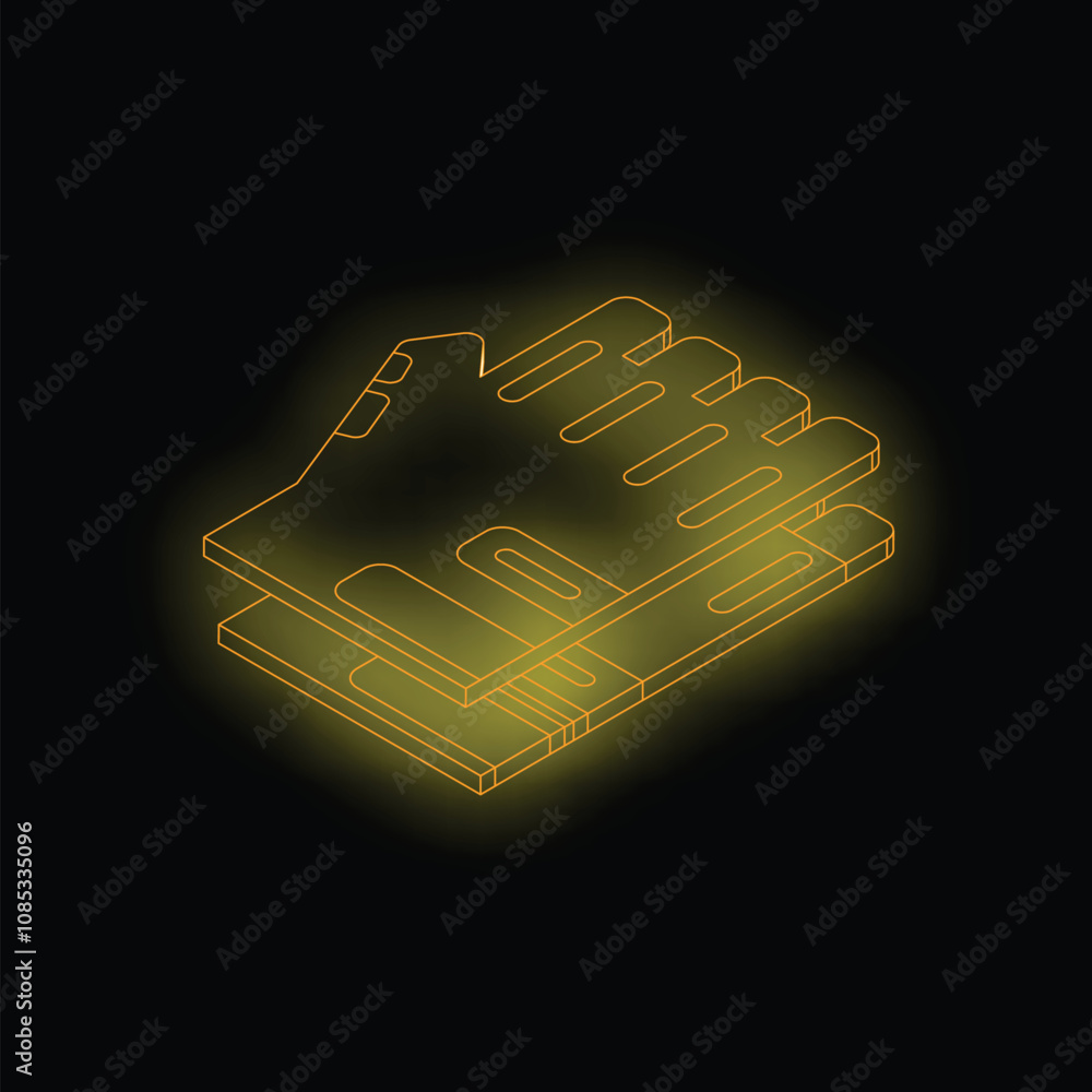 Poster neon glowing lines creating a stack of ram memory for desktop computers, isometric perspective