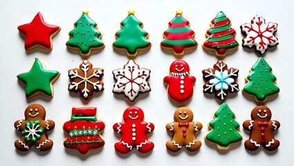 Obraz premium Christmas-Themed Cookies with Colorful Icing: Gingerbread Men, Snowflakes, Stars & Christmas Trees on White Background