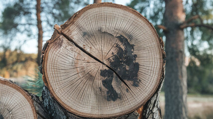 Fototapeta premium Close-up of a freshly cut pine tree surface showcasing detailed growth rings and natural textures, ideal for forestry, natural patterns, or rustic design projects. 