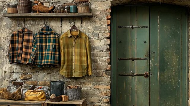 Rustic, vintage-style plaid shirts hang on hooks against a weathered brick wall
