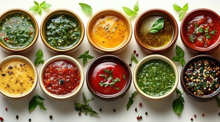 Assortment of colorful sauces in small bowls, garnished with fresh herbs and spices.