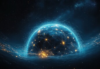 Obraz premium Stunning Abstract Representation of a Digital Globe Surrounded by Starry Space, Connected by Bright Lines, Symbolizing Global Communication and Technology in an Awe-Inspiring Scene