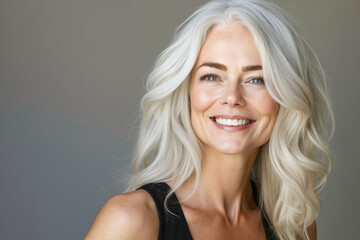 A woman with long white hair smiling at the camera