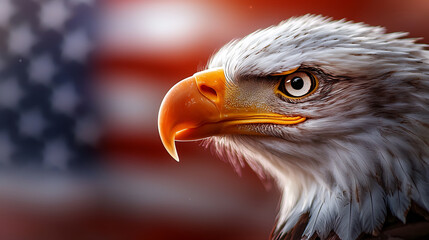 Naklejka premium American bald eagle with patriotic expression against flag backdrop. This majestic bird symbolizes freedom and strength, showcasing its sharp features and vibrant colors