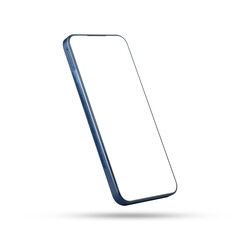 A blue cell phone with a bright white screen is floating isolated on a white background.
