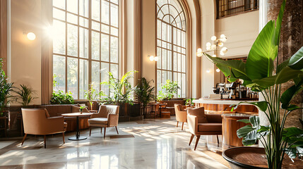 Fototapeta premium Elegant cafe interior with wooden furniture, large windows, and plants. warm sunlight creates cozy atmosphere, perfect for relaxation and socializing