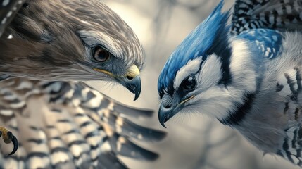 A Close-Up Encounter Between a Hawk and a Blue Jay