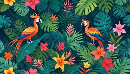 Tropical exotic pattern with animal and flowers in bright colors and lush vegetationn